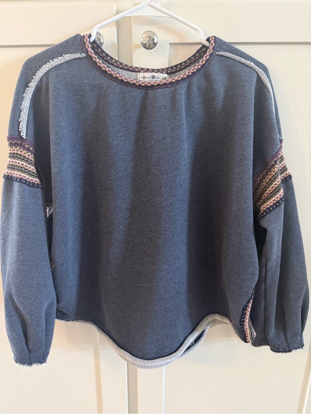Natural Life S/M Oversized Boho Sweatshirt Crochet Trim Raw Edge Artsy